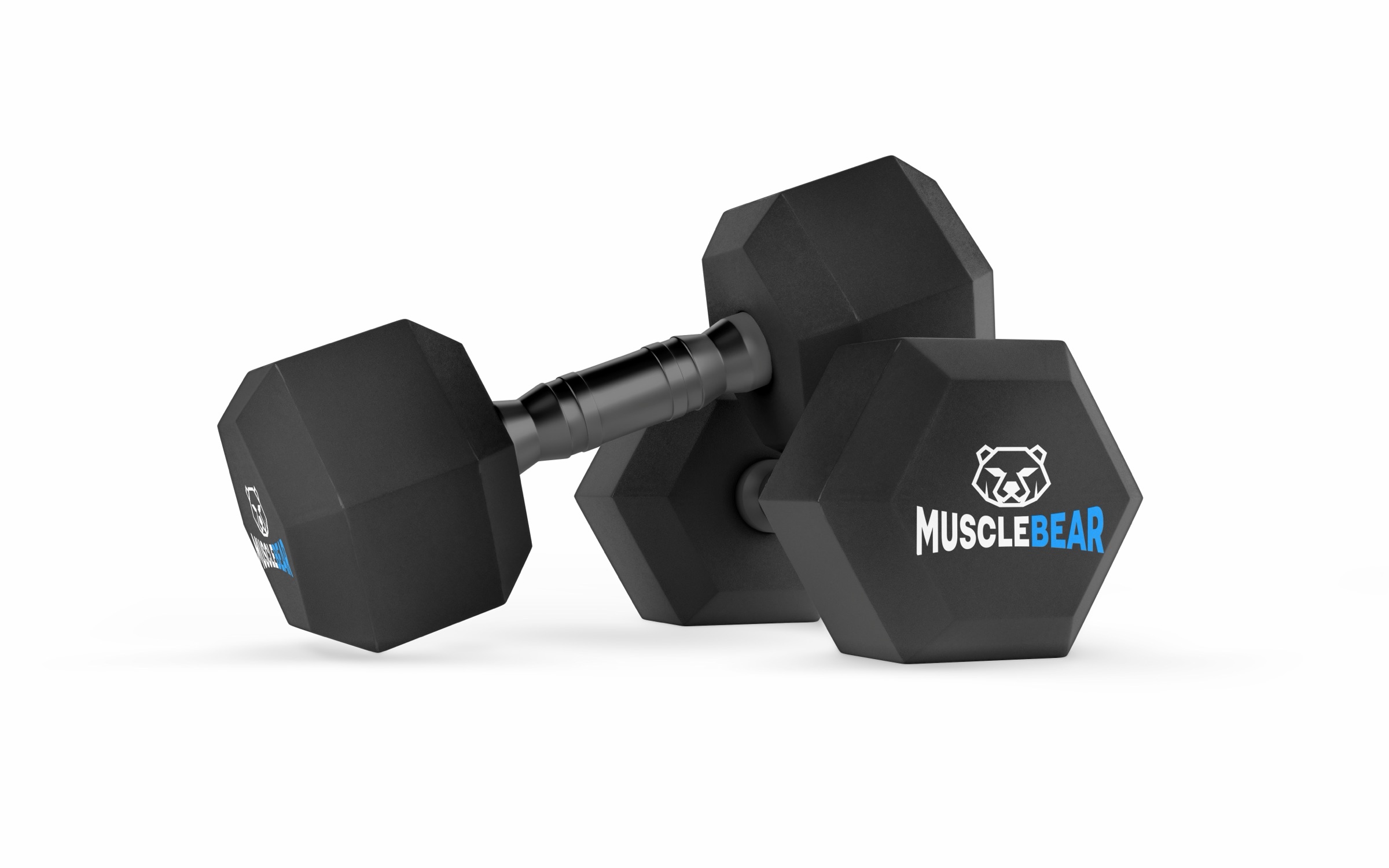 Twee zwarte dumbbells met het logo van MuscleBear