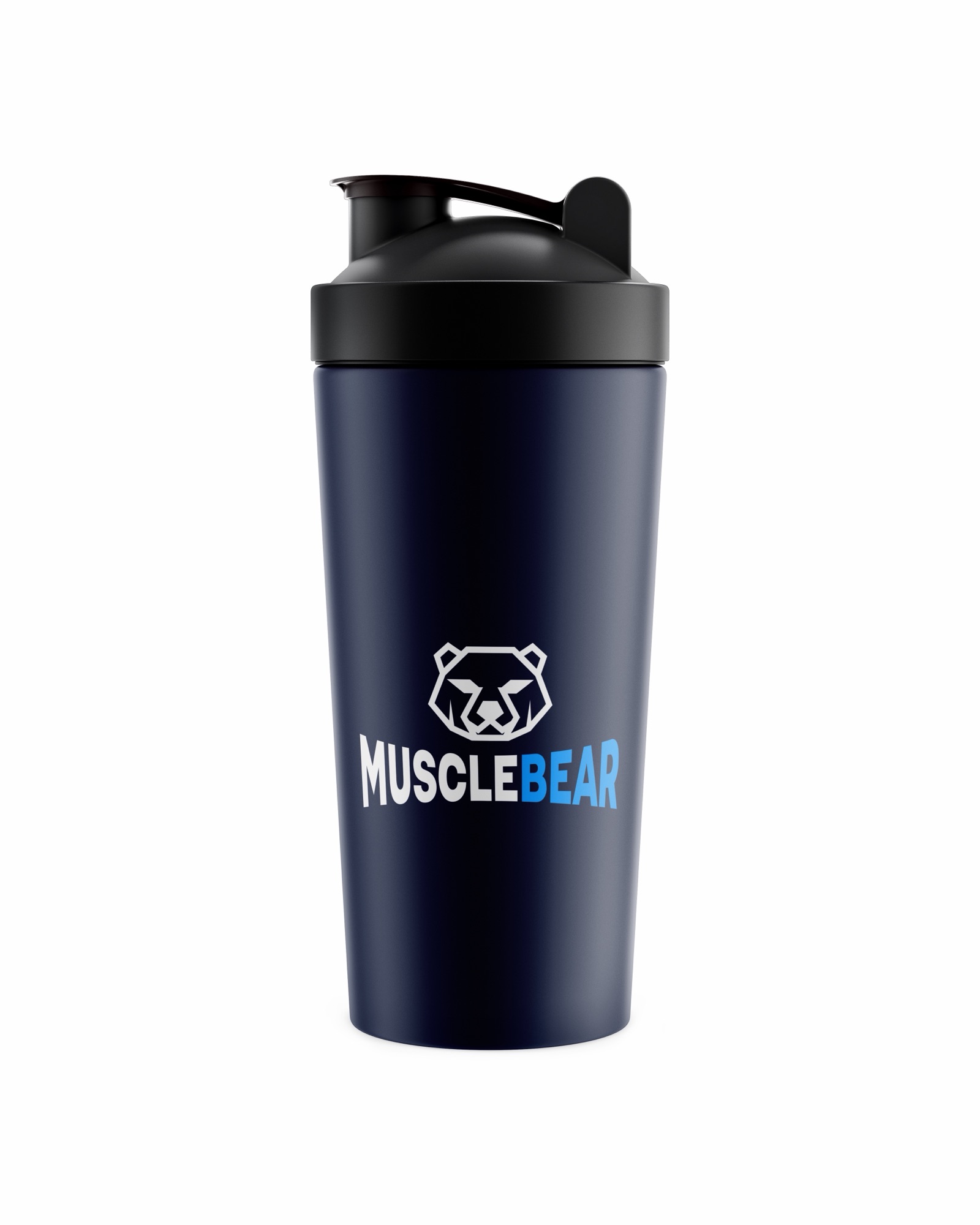 Een donkerblauwe shaker met het logo van MuscleBear