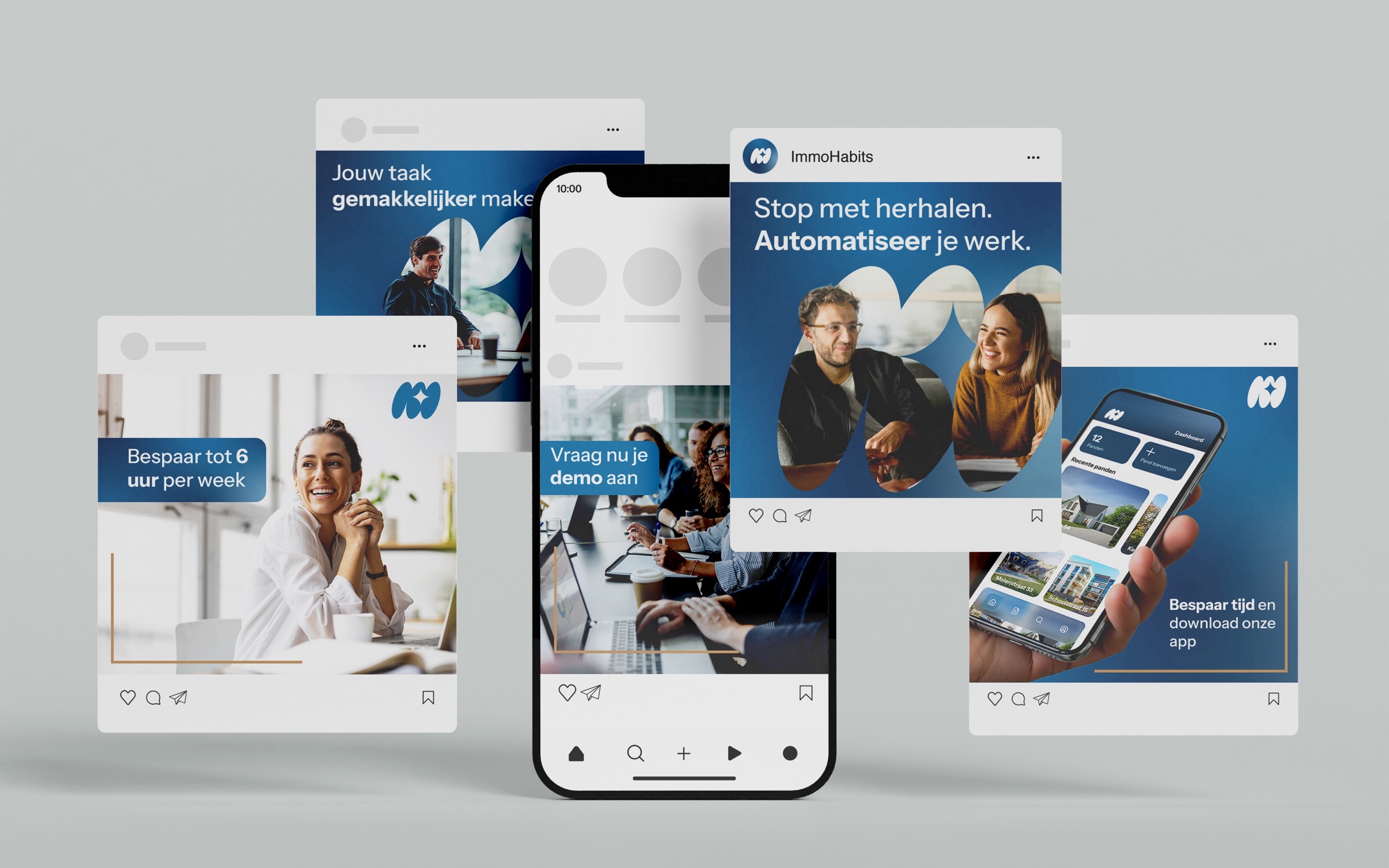 Een reeks Instagram-posts in de nieuwe huisstijl rond een telefoon